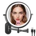 FUNTOUCH Rechargeable Wall Mounted Lighted Makeup Vanity Mirror 8 Inch Double Sided 1X 30X Magnifying Bathroom Mirror, 3 Color Lighting, Touch Dimming, Extended Arm 360 Rotation Light up Mirror Black
