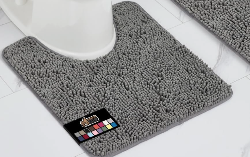 GORILLA GRIP 2 PCS Toilet Rug, Soft Chenille, Toilet Base Mat, Absorbent Microfiber Washable Mats Dry Quickly, Grey