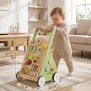 DUMOS Wooden Baby Push Walker, Montessori Activity Toys with Adjustable Speed for 1 Year Old, Silent Rubber Wheels, Green