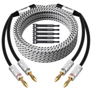 Elecan 14 AWG Speaker Cable Wire 4 Feet with Gold-Plated Banana Tip Plugs-CL2 Rated-in Wall-Heavy Duty Nylon Braided, Oxygen-Free Copper (OFC)-White-with 5 Cable Ties