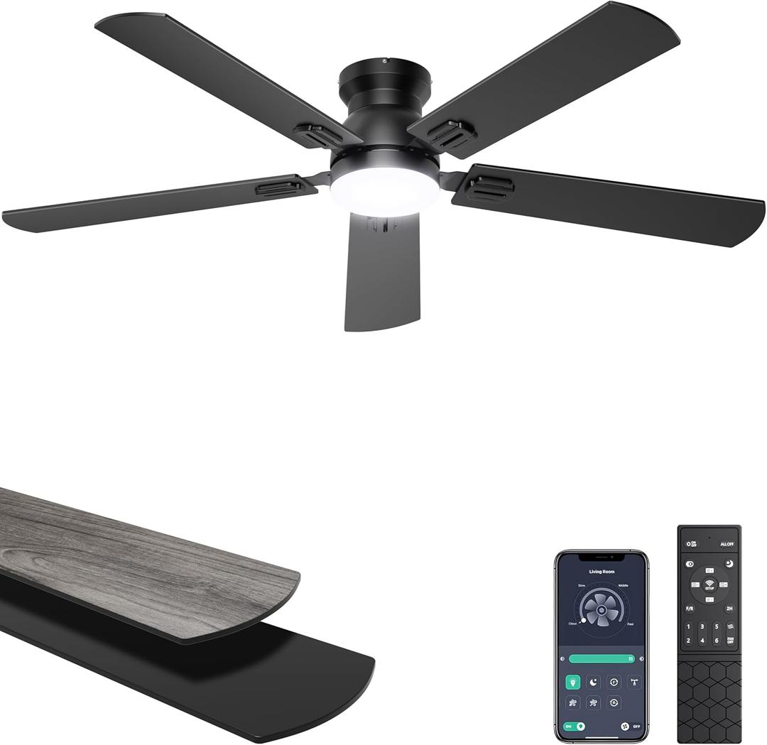 Ohniyou Ceiling Fans with Lights, 52 Inch Low Profile Ceiling Fan with Light and Remote/APP Control, Flush Mount, Dimmable, Qiuet DC Motor, Black Ceiling Fan for Bedroom, Living Room