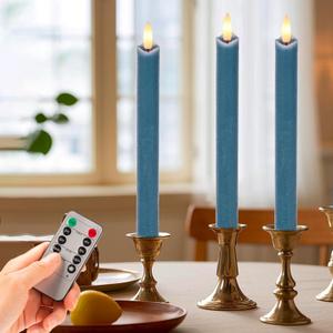 Flameless Taper Candles with Remote, Real Wax Battery Operated LED Candles Set with 3D Flickering Flame, 9.6" Realistic Dripless Candlesticks for Wedding Home Decor, 3 Pack Blue