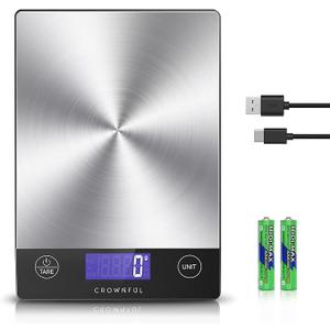 CROWNFUL Food Scale, 33lb Rechargeable 304 Stainless Steel Digital Kitchen Scale Weight Grams and Ounces with LCD Display and Type-C Charging for Meal Prep, Baking and Cooking