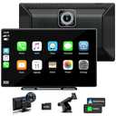 LAMTTO Portable Wireless Car Stereo Carplay with 2.5K Dash Cam,9 Inch Touchscreen GPS Navigation for Car, Car Audio Receivers with Bluetooth,Android Auto,Mirror Link,AUX/FM