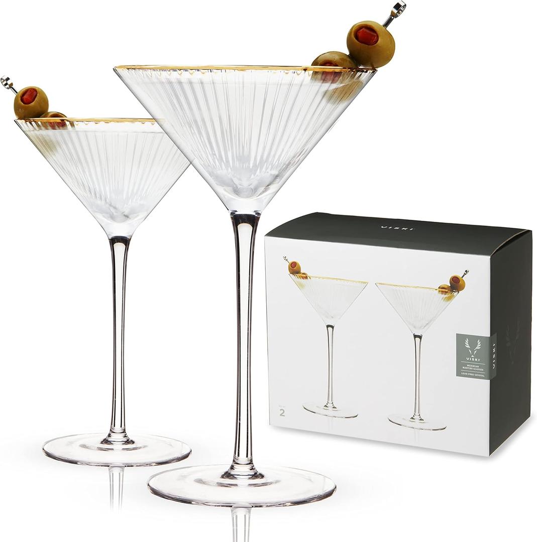 Viski Meridian Martini Glasses - Stemmed Fun Cocktail Glasses - Art Deco Ripple Gold Rimmed Crystal Glassware - 7.8oz Set of 2