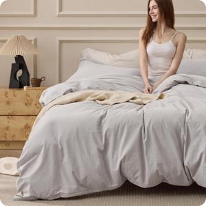 Bedsure 100% Washed Cotton Duvet Cover King - Light Grey Minimalist Bedding Set Linen Like - PureWoven Plain Simple & Soft Comforter Cover for All Seasons (King, 104"x90")