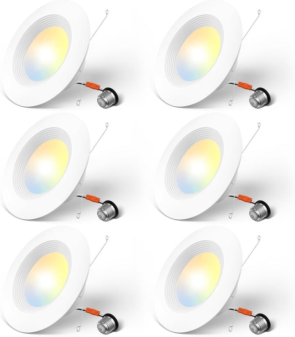Amico 6 inch 5CCT LED Recessed Lighting 6 Pack, Dimmable, IC Rated, 12.5W=100W, 950LM Can Lights with Baffle Trim, 2700K/3000K/4000K/5000K/6000K Selectable, Retrofit Installation, ETL & FCC