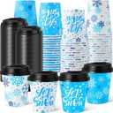 100 Set Winter Paper Cups with Lids Winter Disposable Hot Cold Coffee Cups for Holiday Party Supplies(Blue White, 8oz, Snowflake)