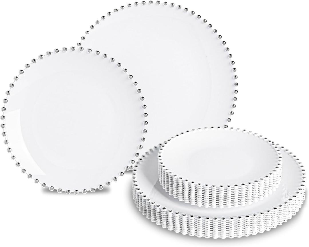 HOMIP 50PCS Fancy Disposable Dinnerware Party Set, Elegant Plates Include 25Pcs Dinner Plate 10", 25Pcs Dessert Plate 7" with Silver Bead Rimed,Plastic Silverware for Wedding Birthday Party (White with Sliver)