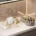 DASITON Large Capacity Makeup Organizer,5 Slot Makeup Brush Holder,Vintage Striped Make Up Brush Holder,for Vanity Decor,Bathroom Countertops,Desk Storage Container,Cosmetic Display Cases(Clear)