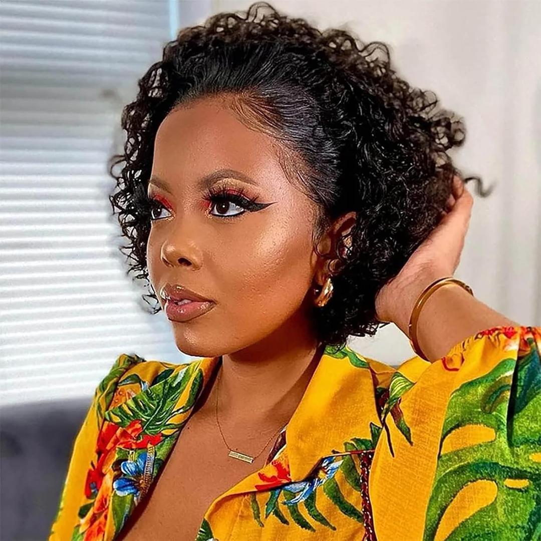 Vlike 13x1 Lace Frontal Wig Short Spring Curl Human Hair Wig For Women Brazilian Hair Transparent Lace Front Wig to Wear Wet and Wavy (Black)