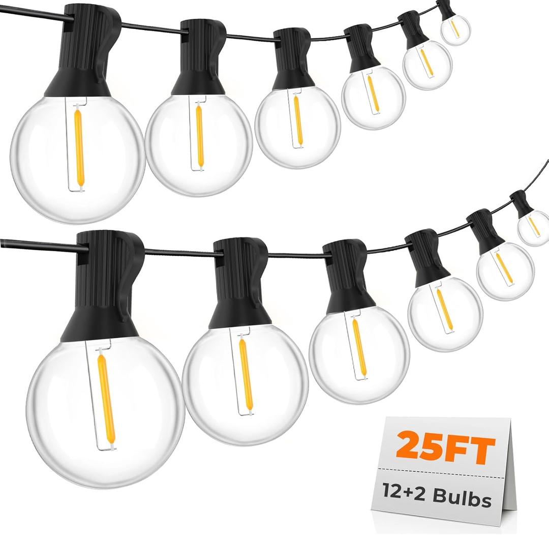 25FT G40 LED String Lights with 12 Plastic Edison Bulbs(2 Spare), Outdoor/Indoor Waterproof Lights for Patio, Garden, Wedding, Party, Festival Decoration