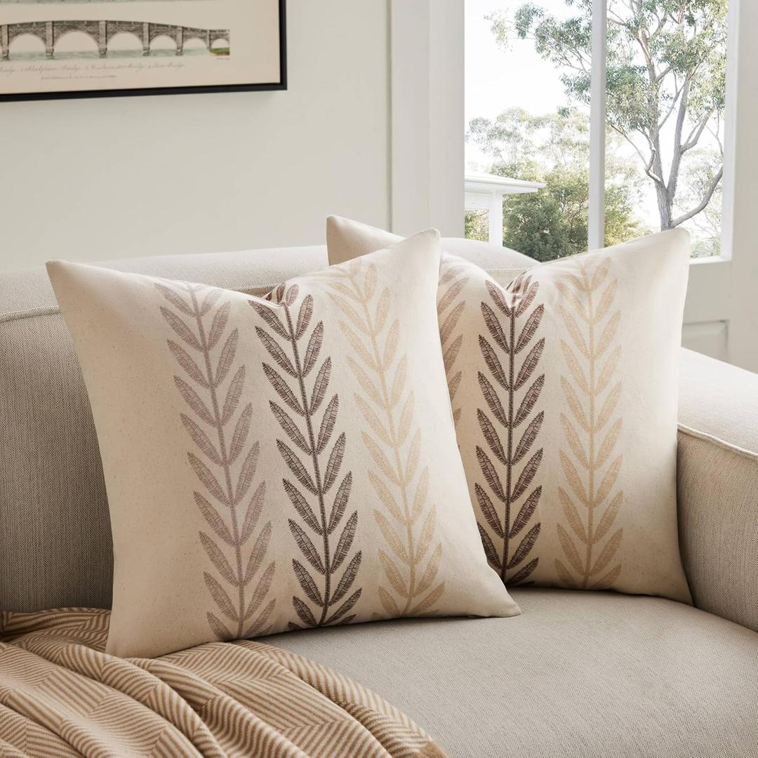 100% Cotton Farmhouse Leaves Throw Pillow Covers Set of 2, 18x18 Inch Mixed Beige Pastoral Decorative Print Cushion Covers for Sofa Bed Living Room Home Decor