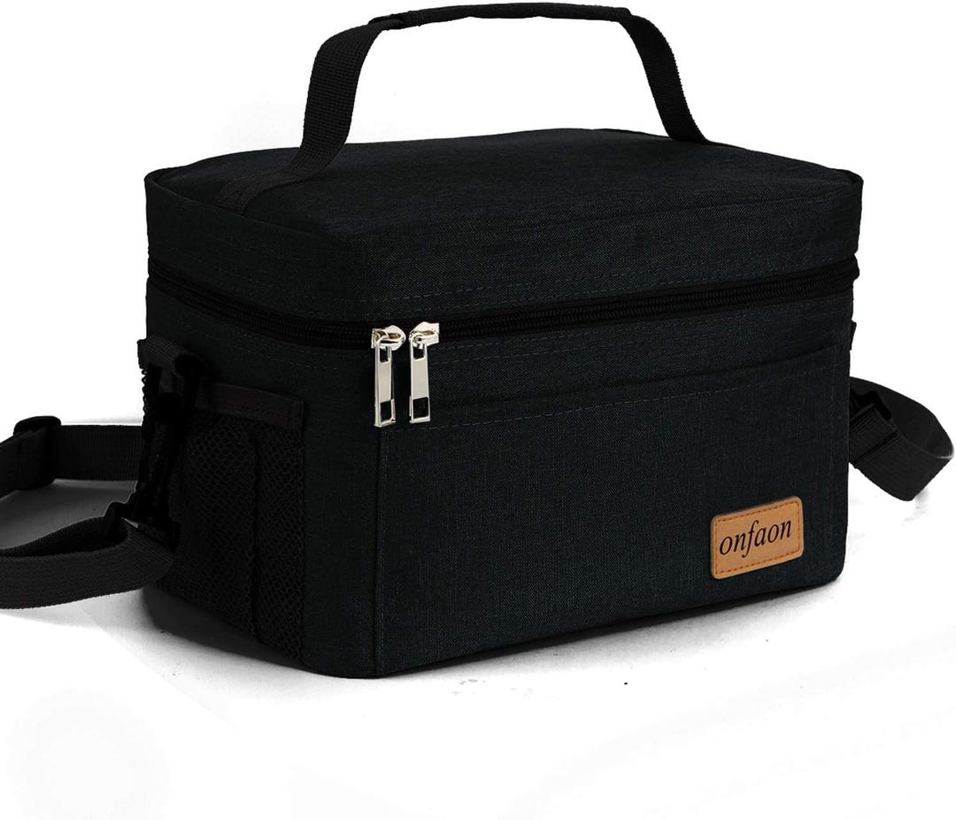 ONFAON Lunch Bag for Men/Women, Insulated Reusable Lunch Box Leakproof Cooler Tote Bag Freezable with Adjustable Shoulder Strap for Office Work Picnic Beach(Black) (7.5L)