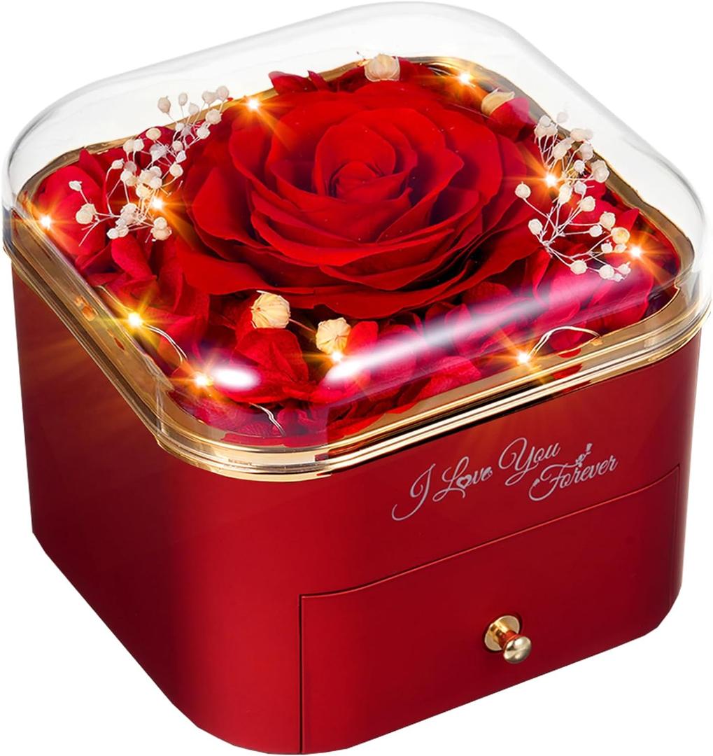 Forever Preserved Rose for Women Mum Wife Girlfriend Eternal Rose Flower Gift Box with Necklace for Her Ideal for Valentines Day Mother's Gifts Birthday for Women Anniversary (Red2)