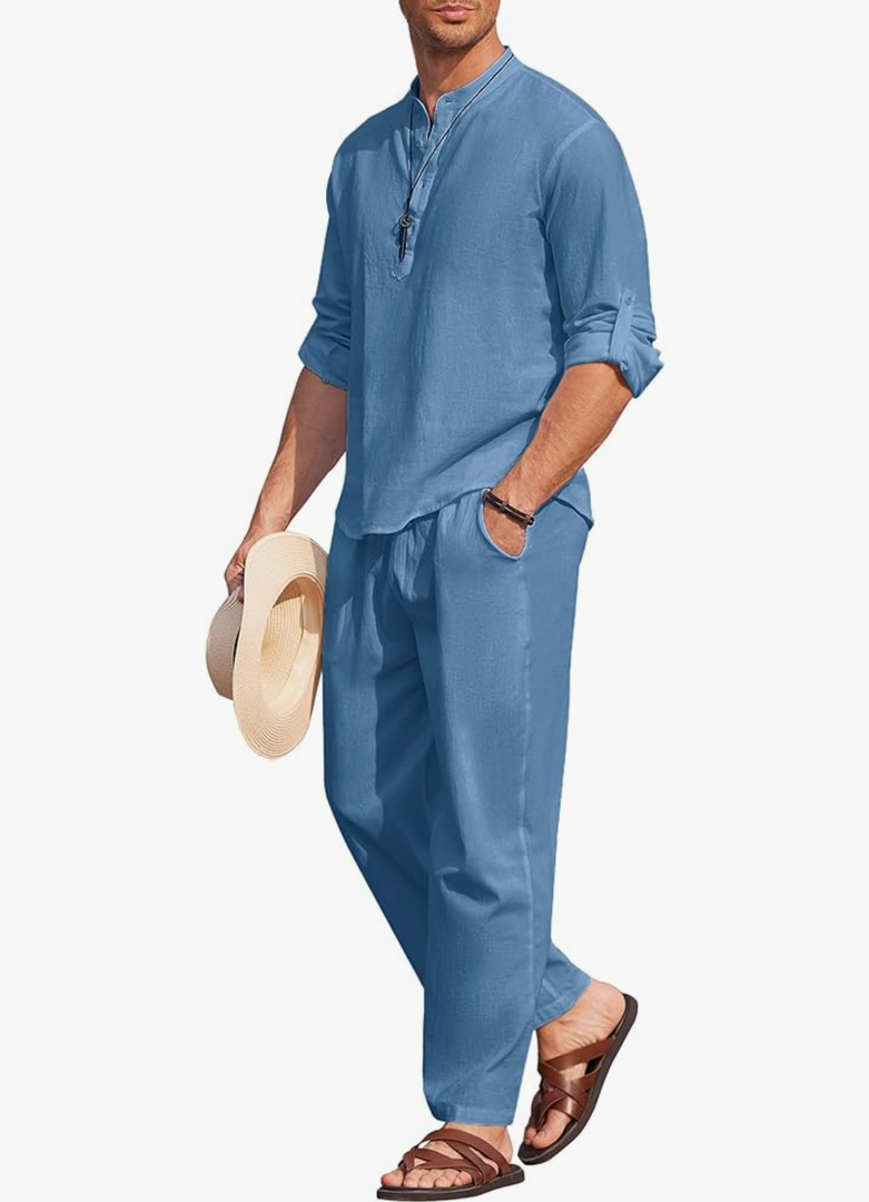 COOFANDY Men's 2 Pieces Cotton Linen Set Long Sleeve Henley Shirts Casual Beach Pants With Pockets Summer Yoga Outfits, Size XL