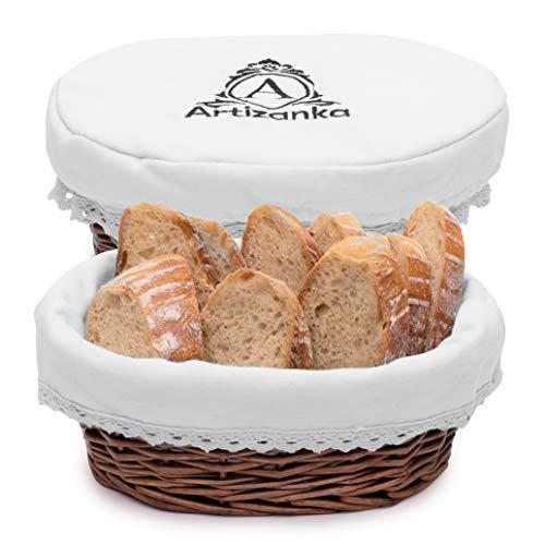 Wicker Bread Basket for Serving Set with Removable Liner and Cover - Handmade Rattan Serving and Storage Basket 11"x 8" Keeps Bread Warm and Fresh - Practical and Giftable Sourdough Bread Basket