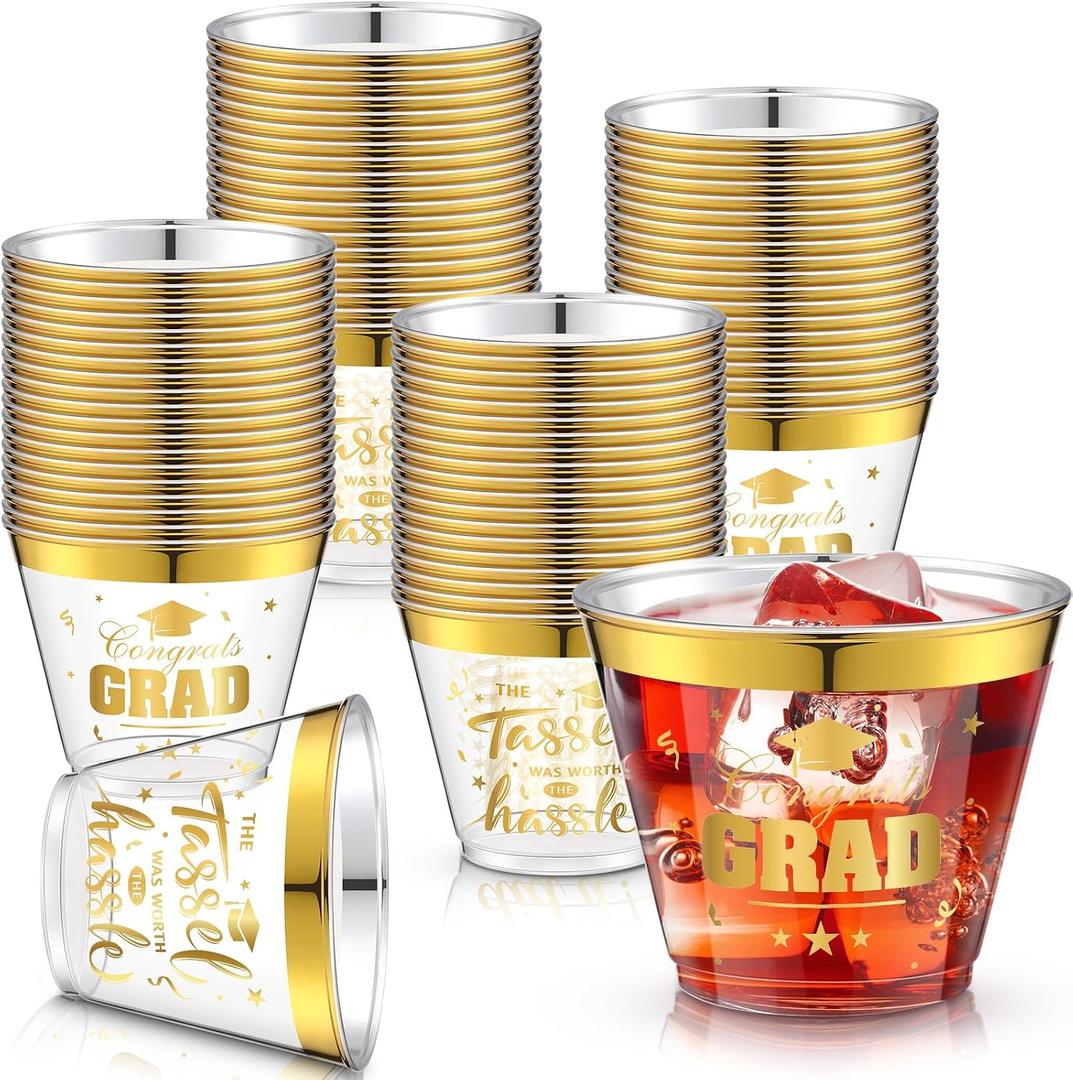 Yinder 100 Pcs Graduation Party Cups 2026, 9 oz Gold Foil Disposable Plastic Cups Congrats Grad Bulk for Graduation Decorations Supplies, Class of 2026 Party Favors Tableware(Clear)