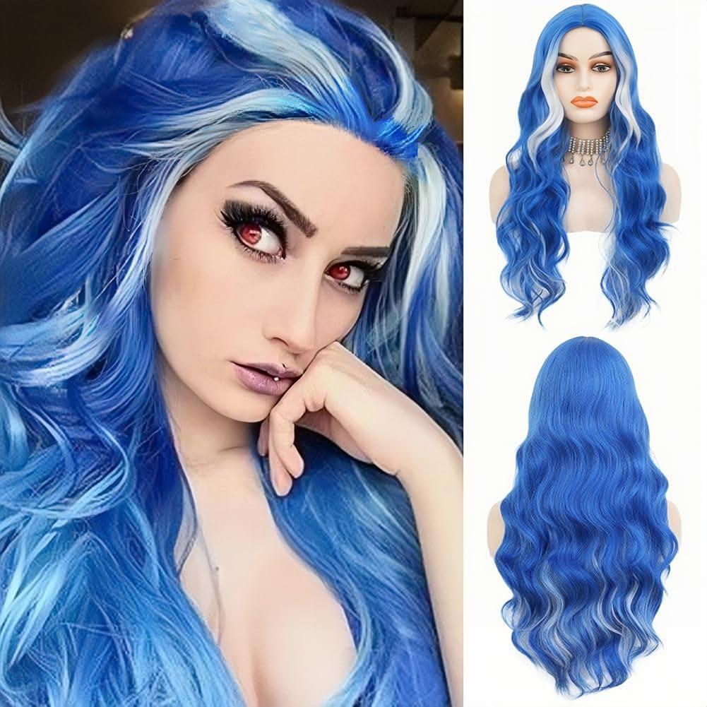 Blue Curly Long Wigs for Women with White Wavy Middle Part Cosplay Hair Wig Synthetic Fibre Halloween Costume Wig (Blue White)