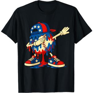 4th of July Dabbing Baseball Drip Ice Cream for Boys USA T-Shirt S