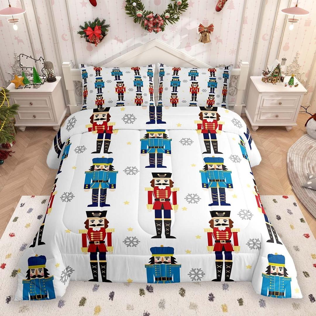 Feelyou Christmas Nutcracker Bedding Set for Boys Girls, Merry Christmas Comforter Set Full Size Snow Black Red Blue Duvet Microfiber Wooden Soldier Toy Bedroom Decor Winter Holiday with 2 Pillow Case (Multi 633)