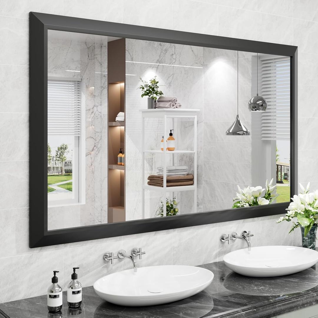 Amorho Black Bathroom Mirror, 60X36 Inch Thick Metal Framed Wall Mirrors for Over 2 Sinks, Bedroom, Living Room, Entryway, Large Rectangle Wall-Mounted Mirrors