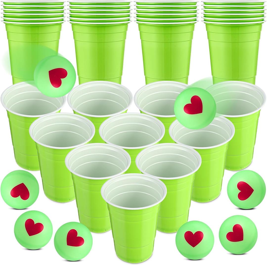 Soulchen 30 Pcs Christmas Game Supplies Set 22 Green Plastic Cups 15 oz 8 Glowing Balls Reusable Xmas Party Cup Table Tennis Game for Christmas Games Party Favor House Birthday BBQ Holiday (Heart)