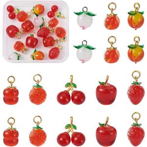Cheriswelry 16pcs Peach Cherry Apple Tomato Lampwork Glass Pendants Handmade Fruit Dangle Charms Imitation Food Cute Pendants Hang Ornament 14.5~20mm for DIY Earring Jewelry Making (Red-8 Style)
