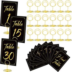 Thenshop 31 Sets Table Number Cards with Holders, 1-30 Numbers Head Table Card 2" Place Holder Stand for Wedding Anniversary Birthday Restaurant(Round,Black, Gold)