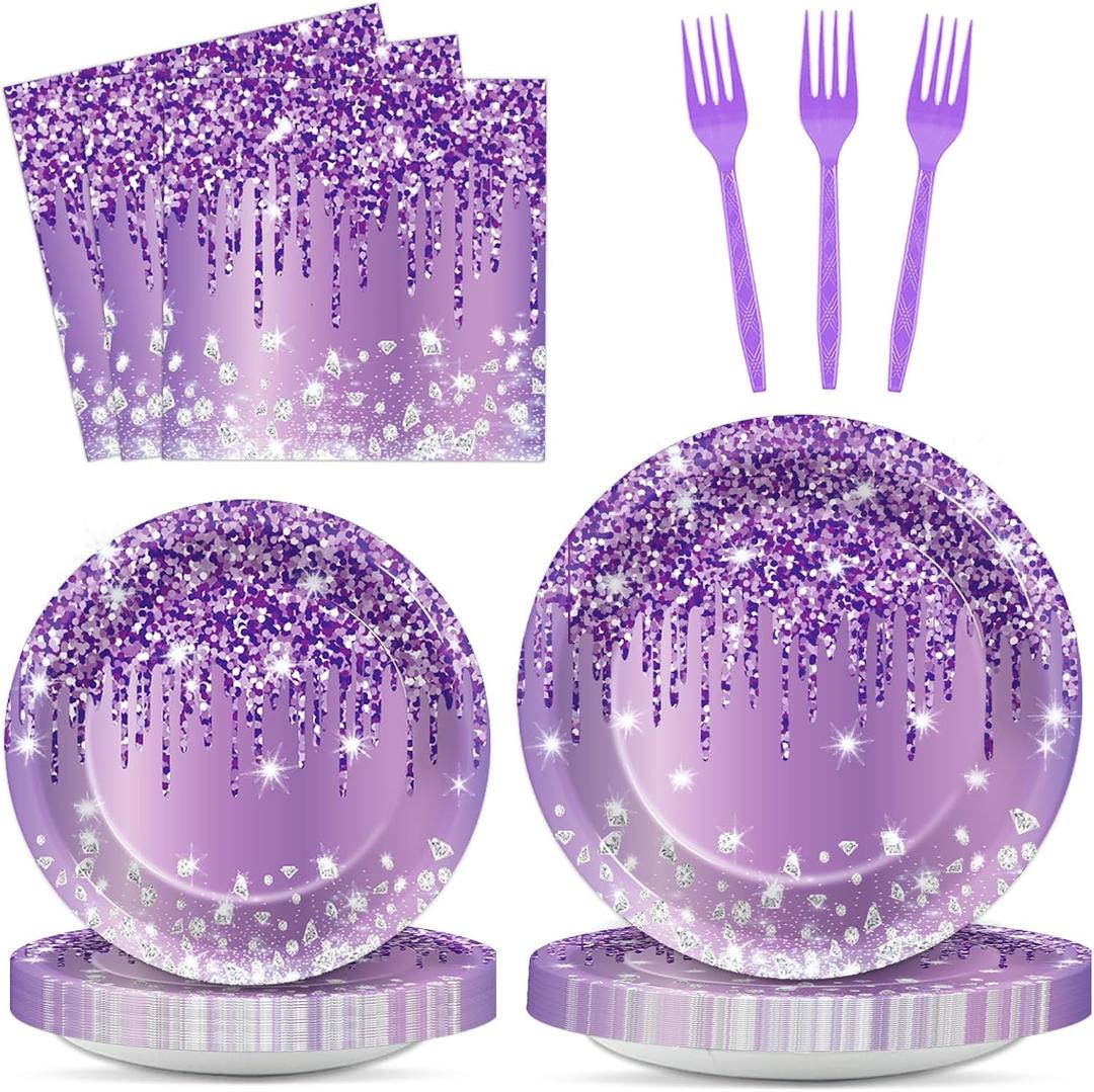 200PCS Purple Birthday Party Plates and Napkins Purple And Silver Birthday Party Decorations Purplish silver Theme Tableware Set Serves 50 Guests Girls Ladies Women Wedding Favors