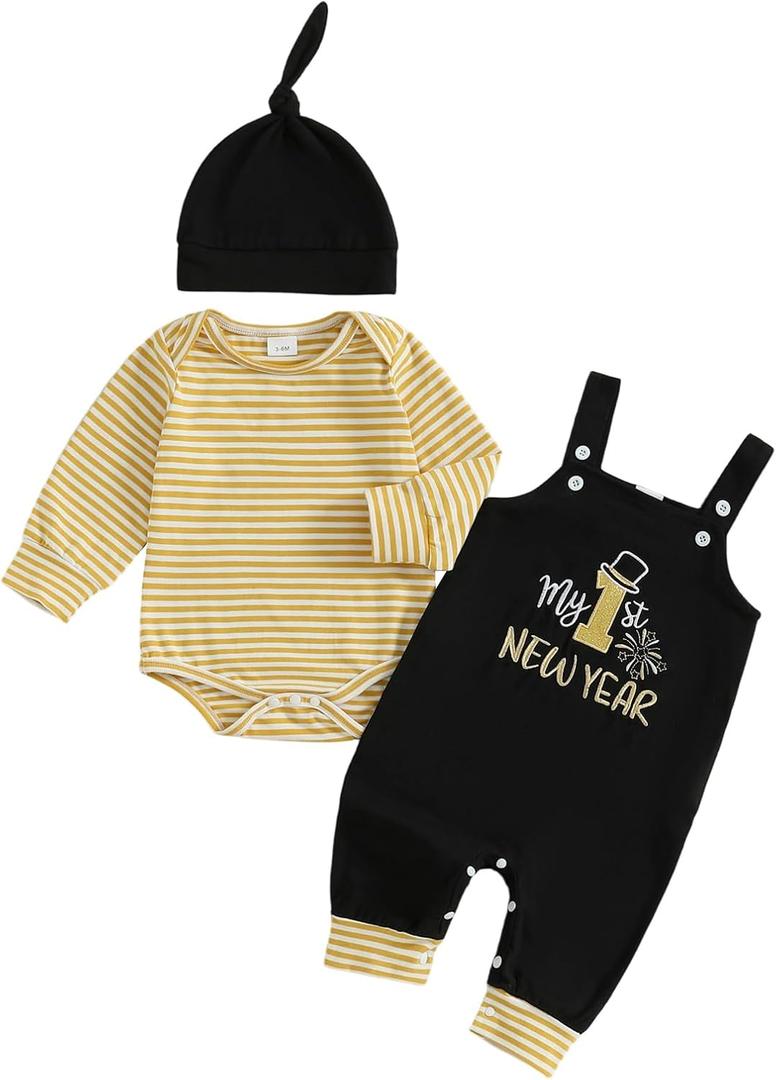 My First New Year Baby Boy Outfit Newborn Striped Long Sleeve Romper Top Embroidery Suspender Pants with Hat Set (Black)