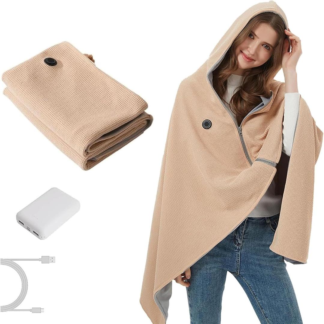 Heated Shawl Wraps for Women, Portable USB Hooded Heated Blanket Shawl, Fast Heating Blanket with 8 Heating Zones and 3 Heating Levels for Outdoor, Home