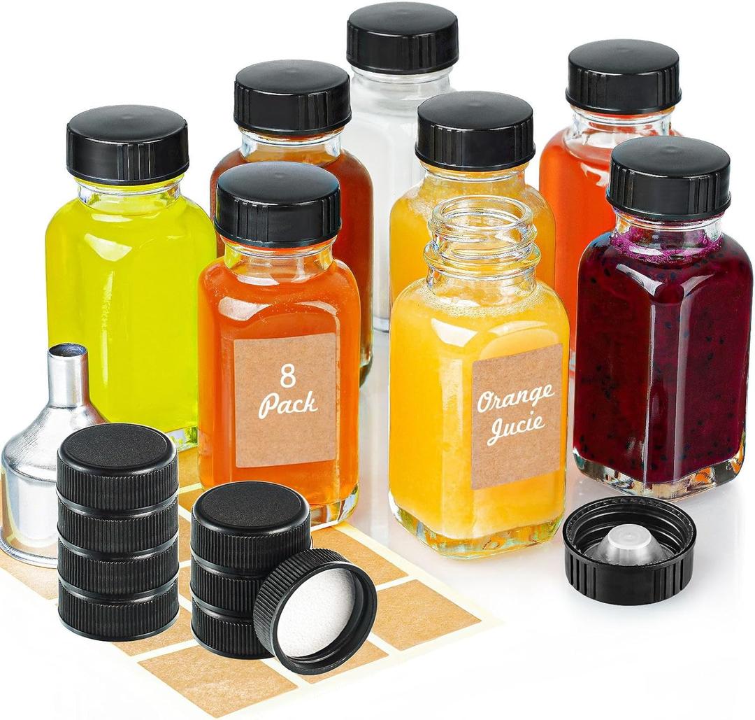 Syntic Clear Reusable Ginger Shot Bottles with Caps - 8 Pack 2 oz Small Square Glass Jars with 8 Sealed Conical Inner Caps & 8 Airtight Lids, Wide Mouth Juice bottles for Fridge, Extra Sticker, Funnel
