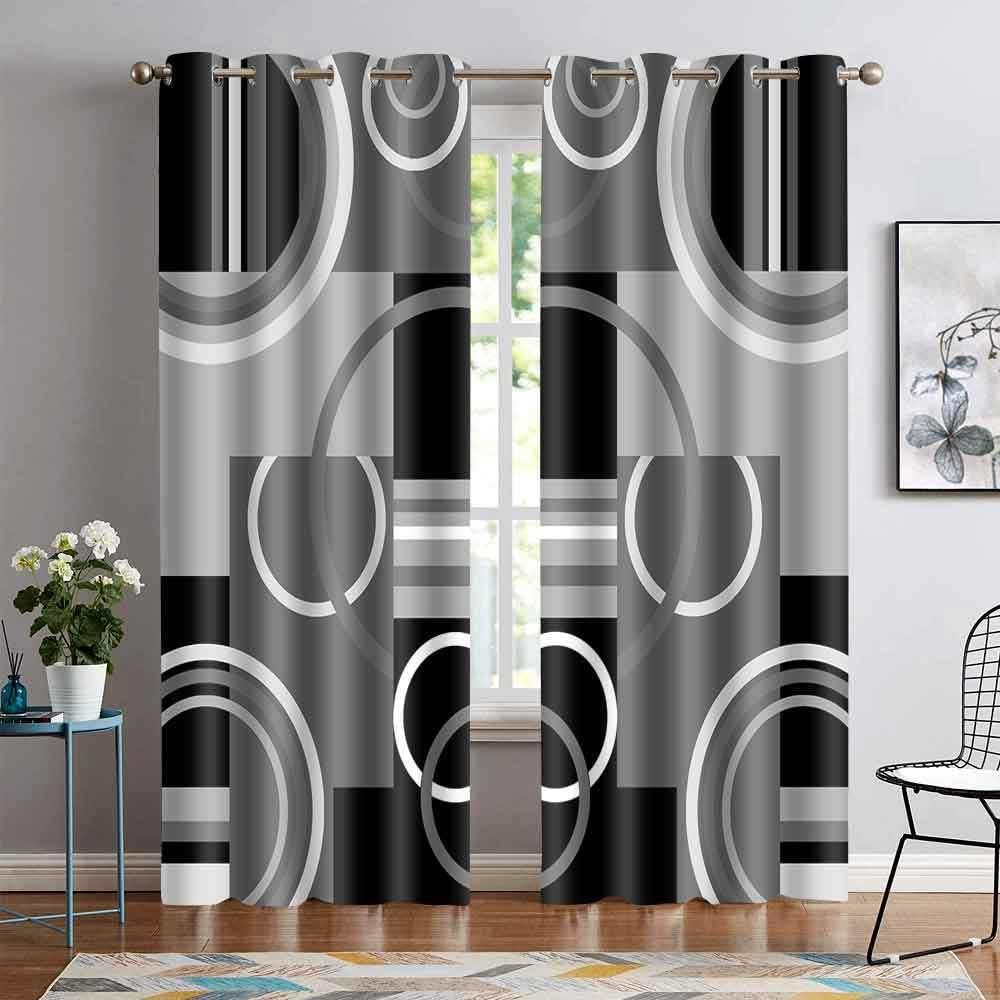 Black Gray Geometric Blackout Curtains for Bedroom, White Gray Modern Abstract Plaid Circle Room Darkening Curtain Thermal Insulated Window Drapes for Living Room, 2 Panels, 42x84 inches Length