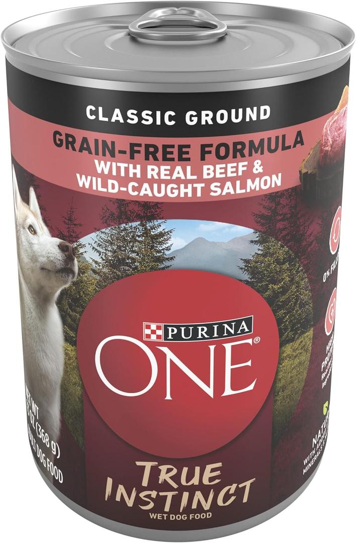 Purina ONE Wet Dog Food True Instinct Classic Ground Grain-Free Formula With Real Beef and Wild Caught Salmon High Protein Wet Dog Food - (Pack of 12) 13 oz. Cans BBD: 08/2026