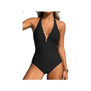 Aidonger Women's One Piece Halter Swimsuit Tummy Control Ruched Slimming Bathing Suit Scalloped Swimwear, black, meduim
