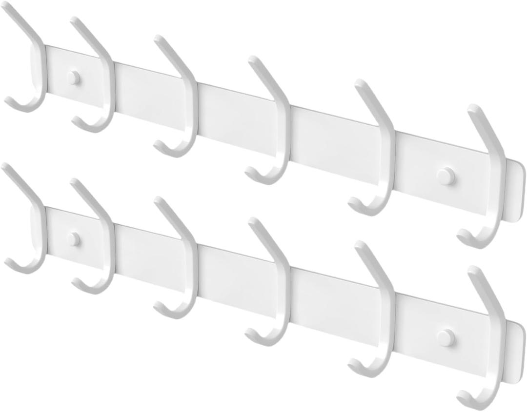 Coat Rack Wall Mount Hooks - 15 Inch Matte White Metal 6-Hook Organizer Wall Mounted, Modern Kids Room, Entryway & Bathroom Hanger for Beach Towels, Coats, Purses, Bags (2 Pack)