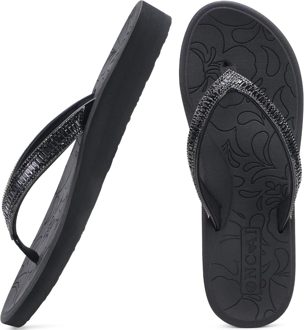ONCAI Women's Flip Flops with Rhinestone, Arch Support Yoga Mat Comfort Walking Summer Beach Thong Sandals with Plantar Fasciitis Rubber Soles US Size 5-11 (9, Black)