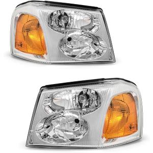 Headlight Assembly for Gmc 02 03 04 05 06 07 08 09 Envoy Headlight fit 2002-2009 Gmc Envoy Headlamp Amber Clear Lens Chrome Housing with Reflector Replacement Left + Right W/O Bulbs