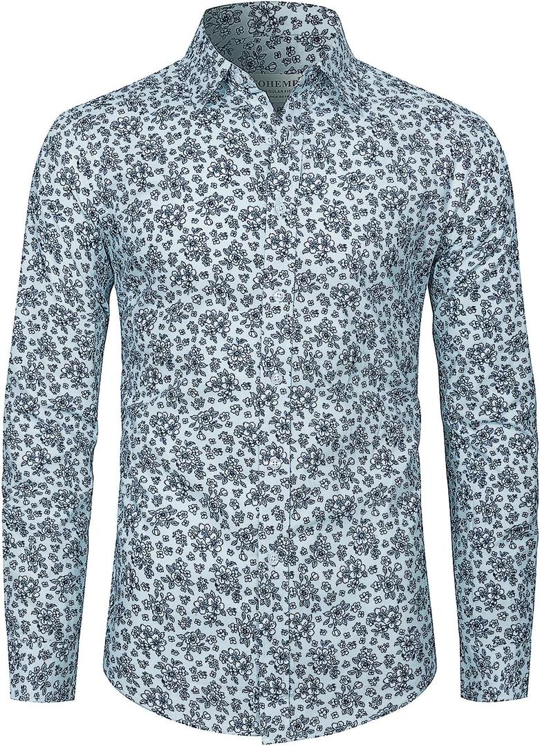 fohemr Mens Floral Shirt Casual Button Down Long Sleeve Flower Printed Shirt 100% Cotton M