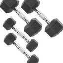 CAP Rubber Coated Dumbbell Weights, Free Weights for Home Gym Strength Training, Anti-Roll Hex Dumbbells with Black, Chrome & Comfort Grip Handles, Pairs & Sets 50 lb - Set (5 lb x 2 & 20 lb x 2)