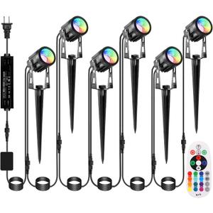 Outdoor Landscape Lighting, 6 Pack RGB Outdoor Spot Lights with Transformers and Remote, 12V Low Voltage Color Changing Landscape Lights IP65 Waterproof Plug in Outdoor Uplights for Yard House Tree