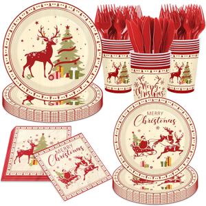 144Pcs Christmas Vintage Tableware Set Serve 24,Christmas Reindeer Party Plates and Napkins Winter Holiday Birthday Party Supplies Vintage Santa Claus Reindeer Decoration for Xmas New Year Party