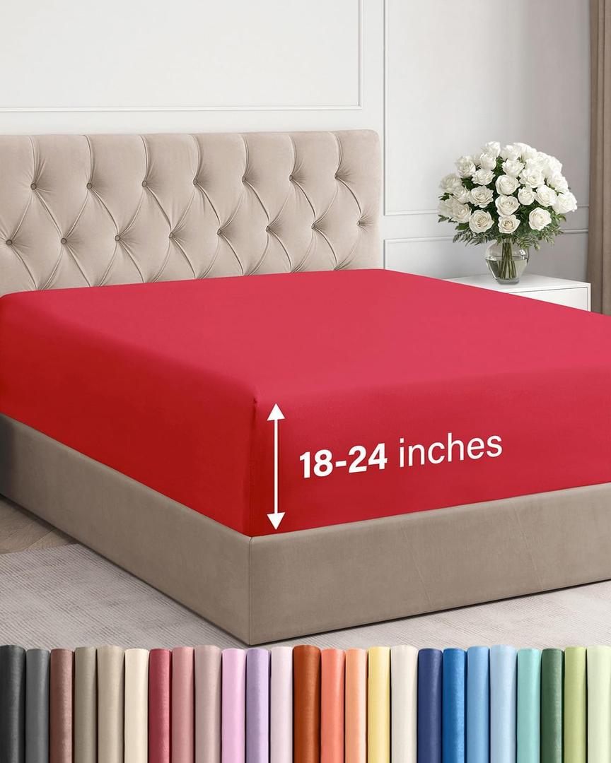 Extra Deep Queen Fitted Sheet - Hotel Luxury Single Fitted Sheet Only - Easily Fits 18 inch to 24 inch Mattress - Ultra Soft, Wrinkle Free w/Extra Deep Pockets - Easy-Care, Breathable & Comfy - Red