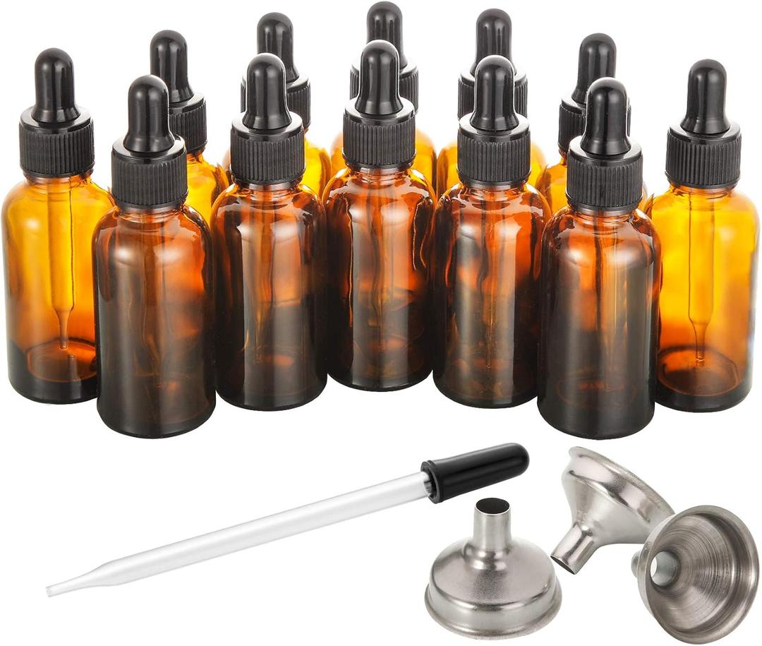 12 Pack, 2 oz Glass Dropper Bottle with 3 Stainless Steel Funnels & 1 Long Glass Dropper - 60ml Amber Tincture Bottles with Eye Droppers for Essential Oils, Liquids - Leakproof Travel Bottle