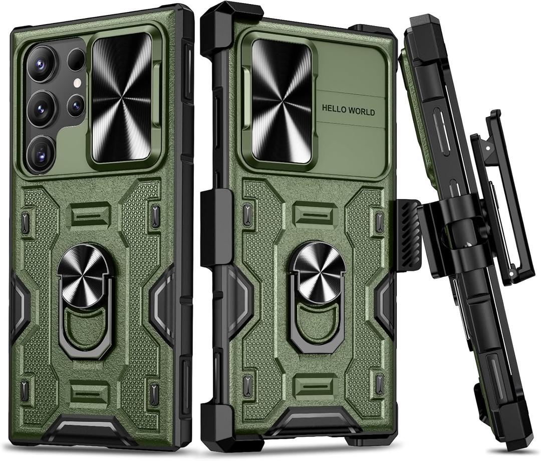VEGO for Galaxy S24 Ultra Case with Kickstand, Slide Camera Lens Protector & Rugged Belt Clip Holster Full-Body Drop Tested Protective Cover for Samsung S24Ultra 6.8 Inch - Army Green