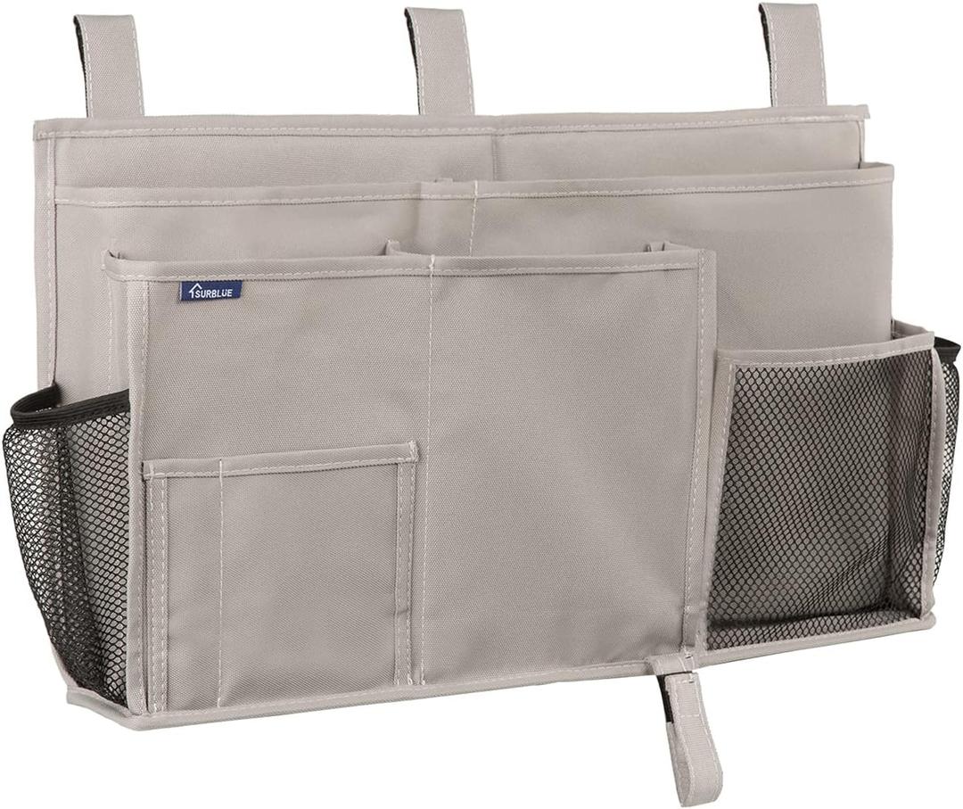 Surblue Bedside Caddy Hanging Bed Organizer Storage Bag Pocket for Bunk and Hospital Beds, College Dorm Rooms Baby Bed Rails, Camp (8 Pockets),Gray (Large)