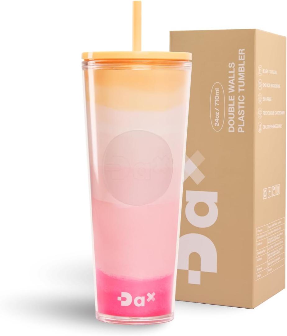 DA 24oz Plastic Tumbler With Lid And Straw, Double Wall Design, Leak Resistant Reusable Travel Cup For Iced Coffee And Smoothies (Layered Pink)