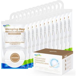 ZSZMFH 12 Pack Moisture Absorber Hanging Bags, Fragrance Free Humidity Packs, 15 OZ Dehumidifier Bags Effectively Trap Extra Moisture,Hanging Closet Dehumidifier Bags-425g/pack