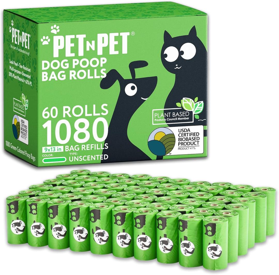 Pet N Pet 1080 Counts Green Poop Bags for Dogs, 41% Plant Based & 59% PE Extra Thick Dog Poop Bags Rolls, 9" x 13", Unscented Pet Waste Bag